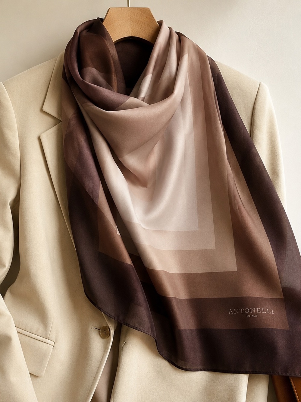 Italian Designer Brown Taupe Geometric Scarf Wrap